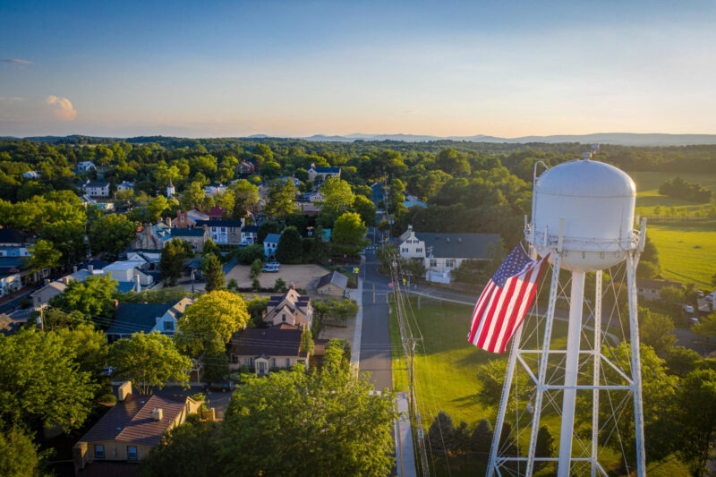 Aerial image of water tower above a small country town